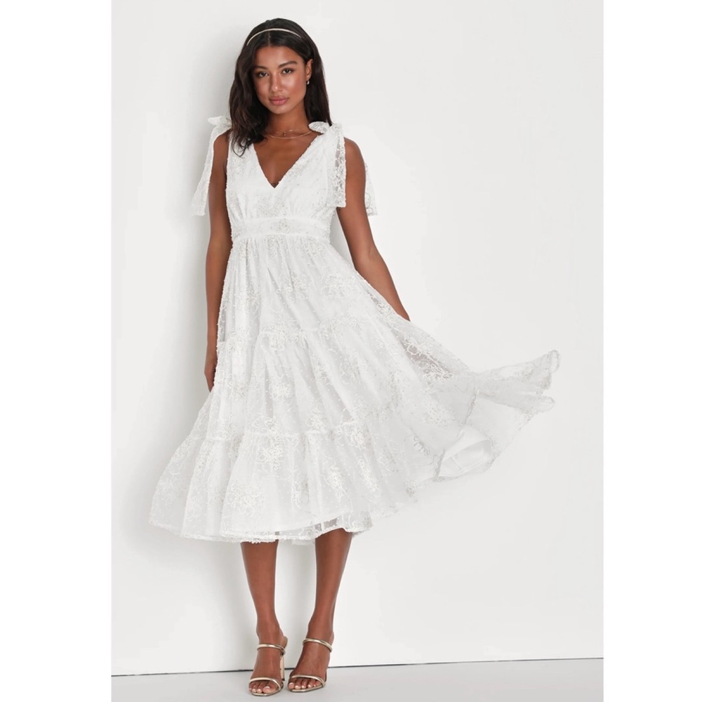 Lulu’s Forever Endearing White Swiss Dot Embroidered Midi Dress, Size XS